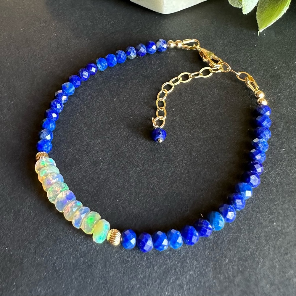 AAA Opal and Lapis Lazuli Bracelet 14k Gold Natural Gemstone Beaded Bracelet